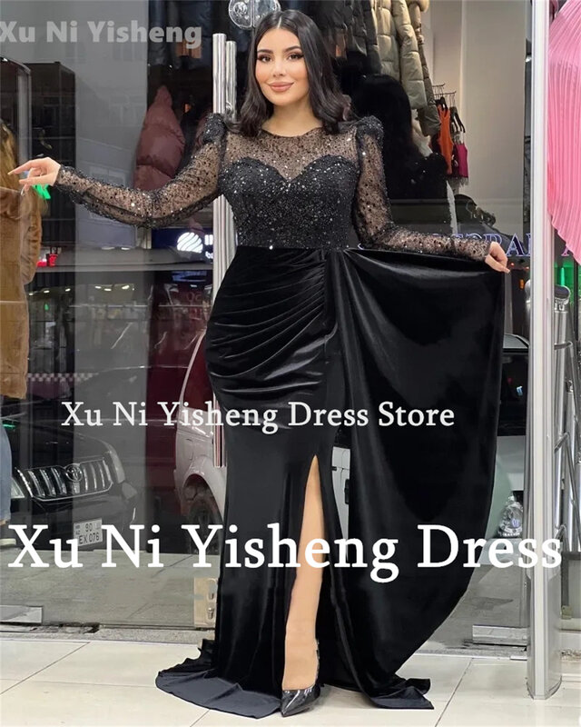 New Shiny Formal Dress O-Neck Long Sleeves Prom Dress Velour Sexy Side Split Evening Dress Mermaid Party Dress Recetion Gown