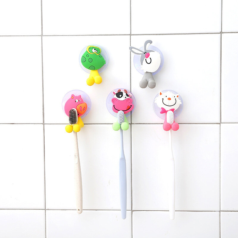 Soporte de pared para cepillo de dientes de Animal, estante de almacenamiento de cepillo de dientes montado en dibujos animados, taza, organizador de baño, ventosas de silicona, gancho