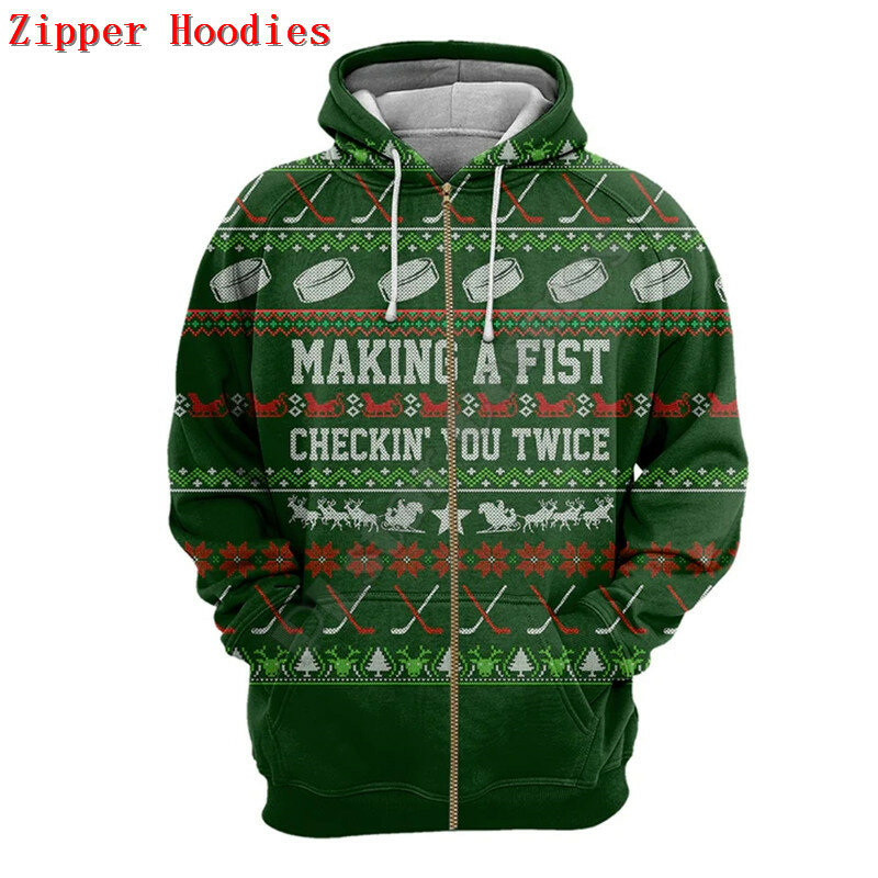 Hockey natal 3d impresso hoodies streetwear feminino para homem camisola/moletom/zíper hoodies
