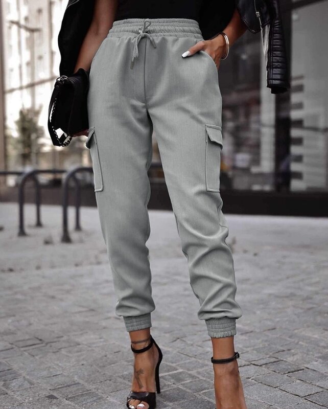 กางเกงแฟชั่นใหม่2024ผู้หญิงดีไซน์แบบมีกระเป๋า, กางเกงเอวสูงธรรมดามีเชือกรัดข้อมือกางเกงลำลองแบบมีกระเป๋าคร็อปแพนท์แบบมีกระเป๋า