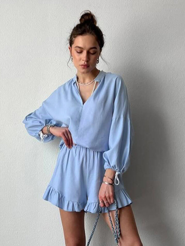 Marthaqiqi Casual Cotton Ladies Pajama 2 Piece Set Sexy O-Neck Sleepwear Long Sleeve Nightgowns Shorts Loose Female Home Clothes