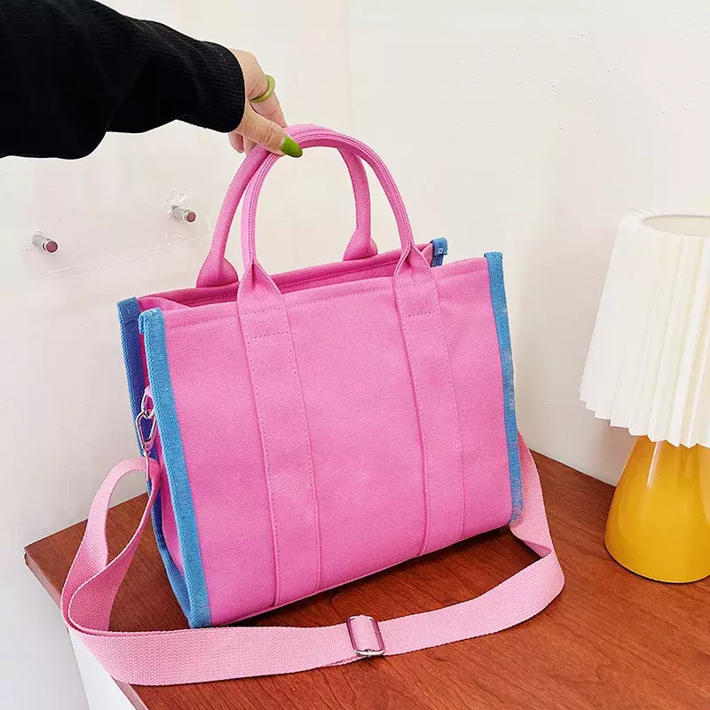 Popularne damskie torby retro, nowe kontrastowe duże torba z rączkami kolorystyczne, płócienne torby crossbody o dużej pojemności
