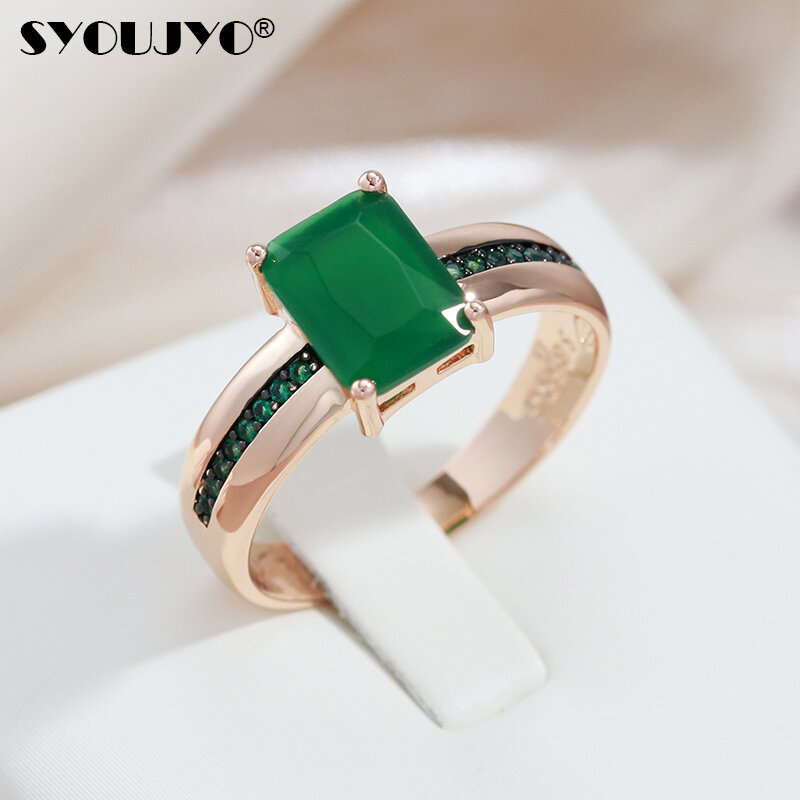 SYOUJYO Square verde scuro opale anelli di zirconi naturali per le donne Vintage 585 colore oro rosa gioielleria raffinata placcatura nera anello di lusso