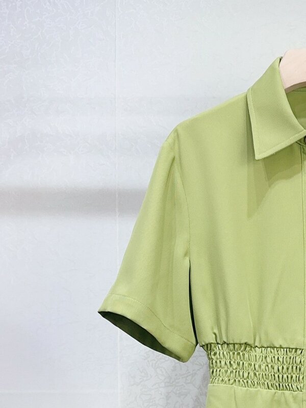 Green Mini Dress for Women Elastic Waist Short Sleeve Single Breasted Turn Down Collar Elegant Summer 2024 Robe with Pocket