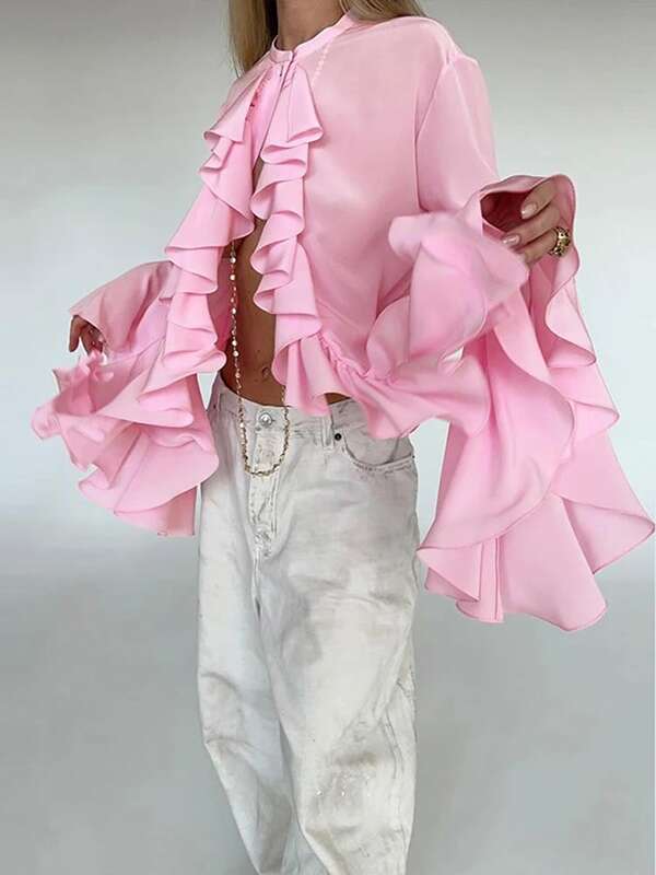Fashion Design Ruffle camicia monopetto Casual donna o-collo camicette con maniche a farfalla Lady Temperament Cardigan top primavera