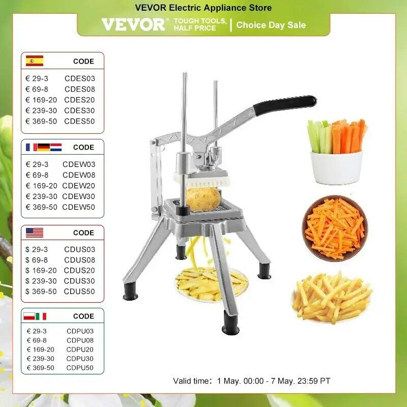 VEVOR-cortador de frutas y verduras comercial, Cortador Manual de 6mm, 9mm, 12,7mm, cuchilla para el hogar, patatas, tomate, alimentos