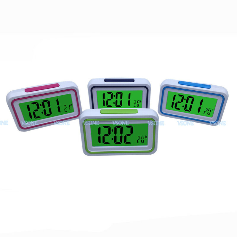 Jam Alarm Digital LCD Berbicara Portugis dengan Termometer, Lampu Latar, untuk Penglihatan Buta atau Rendah, 4 Warna