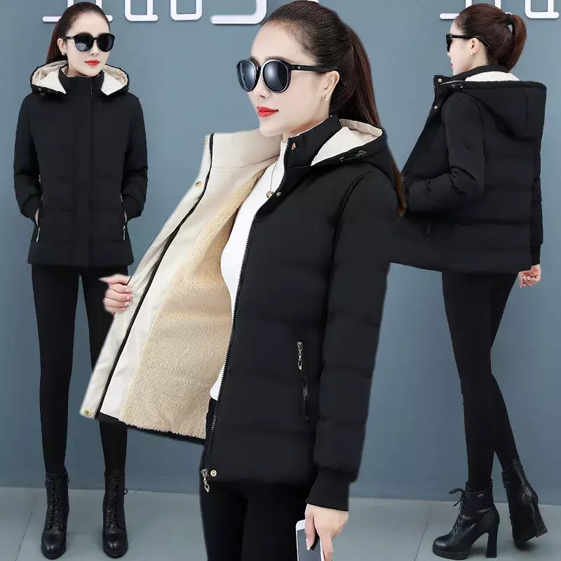 Parkas de veludo espessado feminino, jaqueta de algodão, tamanho grande, boné removível, casual, quente, moda feminina, novo, inverno