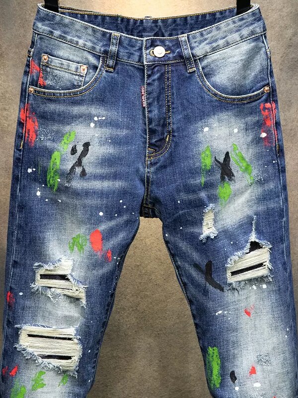 Street Fashion Men Jeans Retro Blue Elastic Stretch Slim Fit Hole Ripped Jeans Men Painted Designer Hip Hop Denim Pants Hombre
