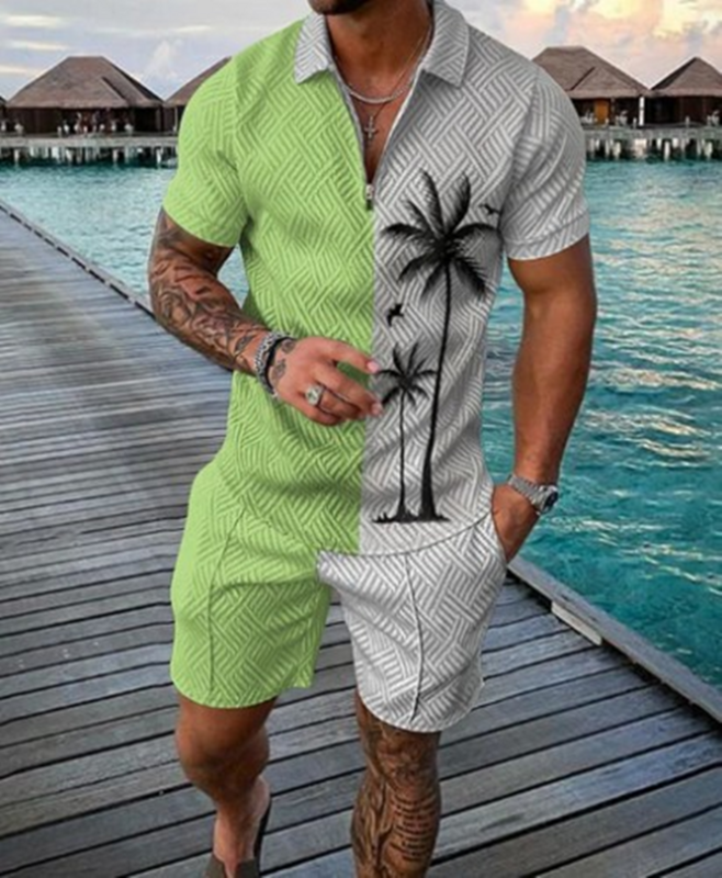 Костюм спортивный мужской из 2 предметов, рубашка-поло с коротким рукавом, кокосовое дерево, 3d-принт, Повседневная Уличная одежда, лето