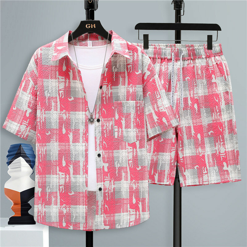 Conjunto de 2 piezas de verano para hombre, chándal, camisa, pantalones cortos, ropa de calle Harajuku, conjuntos de gran tamaño, trajes cortos
