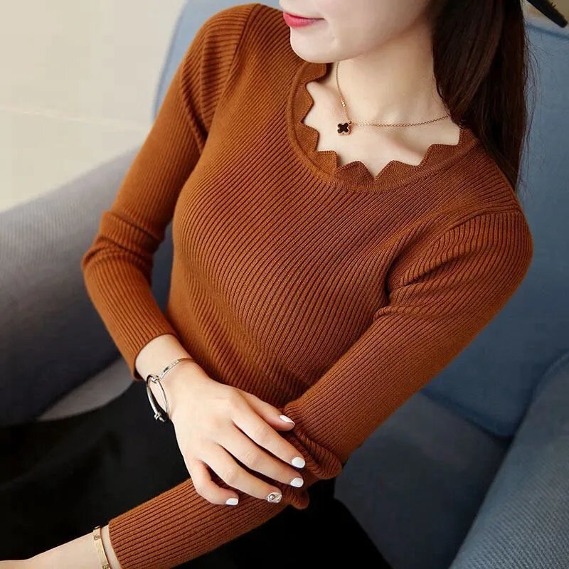 Женская одежда 2023, свитера, весна-осень, кружевная облегающая трикотажная рубашка с круглым вырезом и длинным рукавом, женские пуловеры