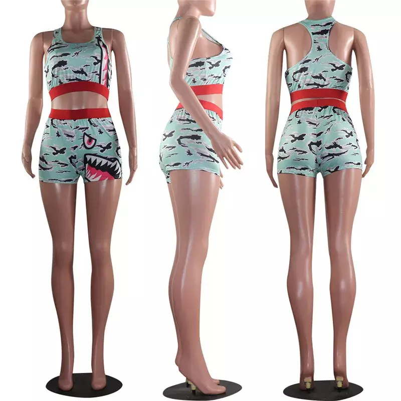 Conjunto de roupas femininas short com estampa personalizada, 2 peças, conjunto esportivo respirável, para corrida, verão, roupas esportivas para mulheres