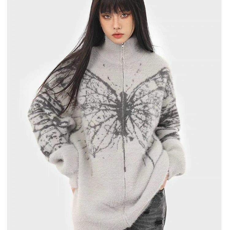 Nowy amerykański Retro sweter dziergany sweter z motylem i zamkiem błyskawicznym marka modna leniwy luźny sweter płaszcz dla par mujer