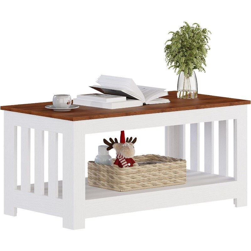 Table basse en bois de style unique, table basse blanche, console rectangulaire à 2 niveaux, salon, rayures, degré d'eau