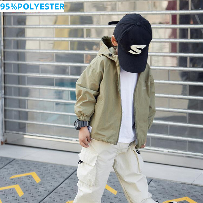 Куртка с капюшоном для мальчиков-подростков, спортивный топ в Корейском стиле, тонкая ветровка на молнии, повседневная верхняя одежда, детская одежда, весна-осень