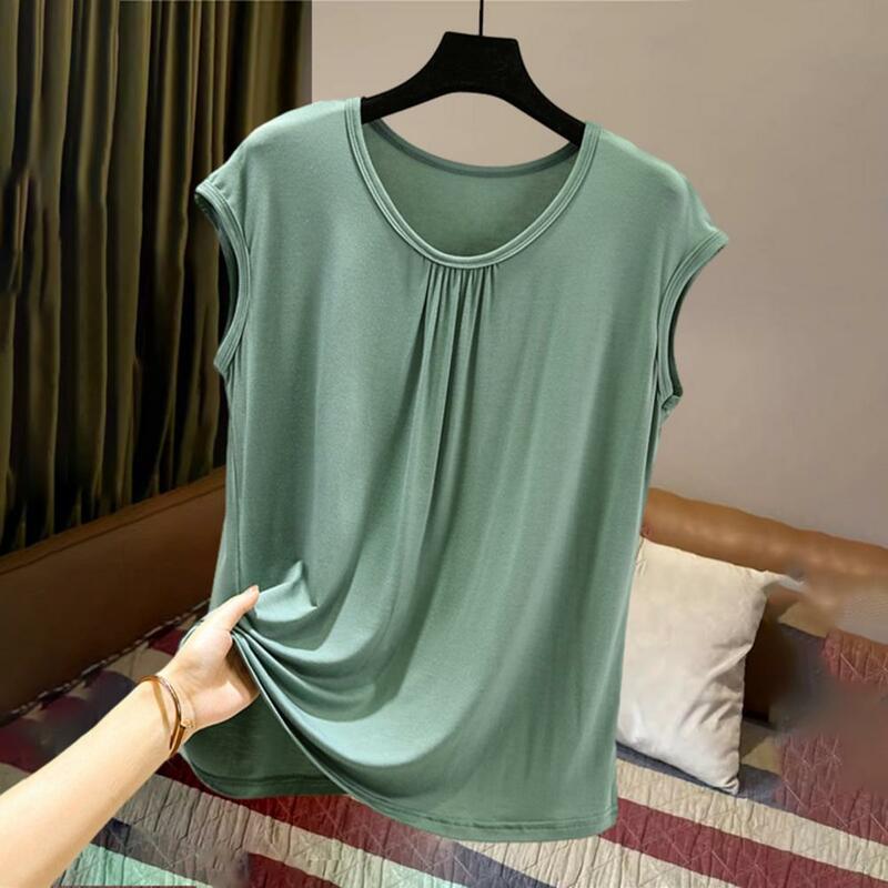 Women Slim Fit T-shirt Elegant Pleated Tank Tops for Women Loose Fit Round Neck Vest Solid Color Summer Top with Elastic Bottom