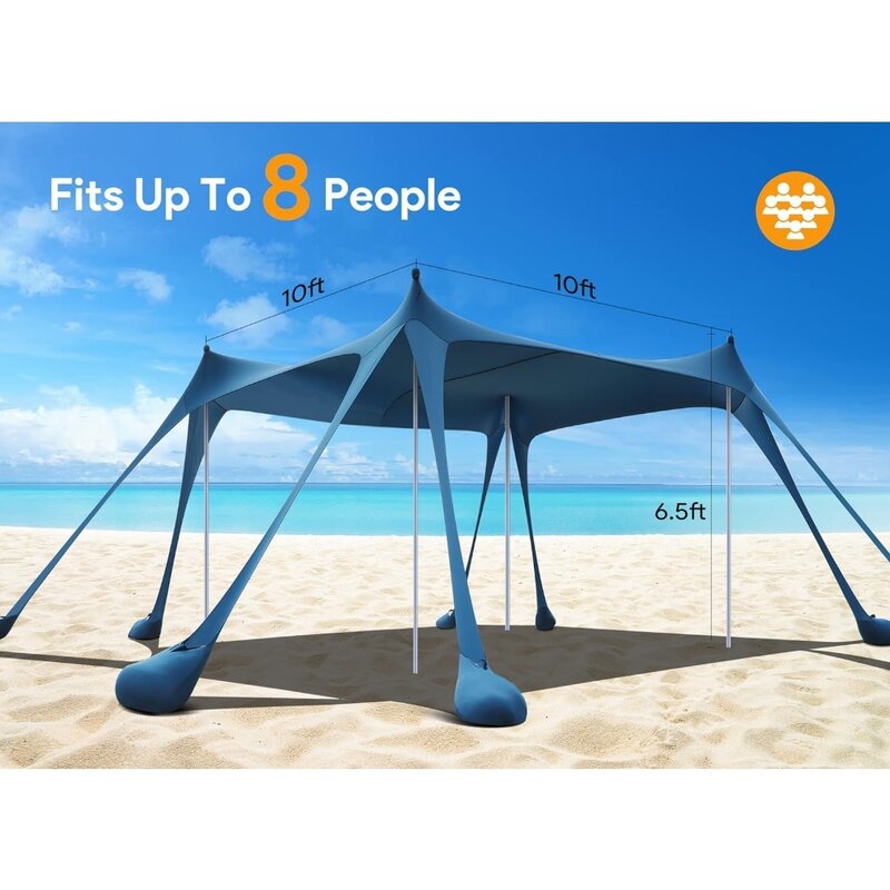 Namiot plażowy, kempingowe osłony przeciwsłoneczne UPF50+ z 8 workami na piasek, łopatkami do piasku, kołkami uziemiającymi i słupkami stabilizującymi, plażą przeciwsłoneczną na zewnątrz