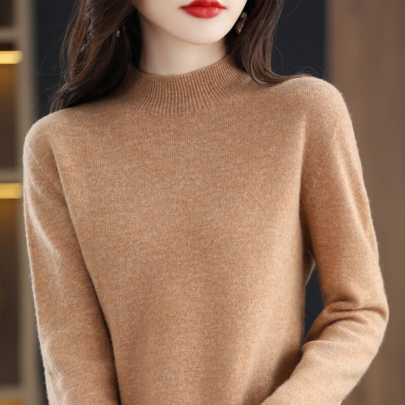 Suéter de Cachemira de lana merina para mujer, Jersey de punto de manga larga de cuello alto, ropa cálida para otoño e invierno, 100%