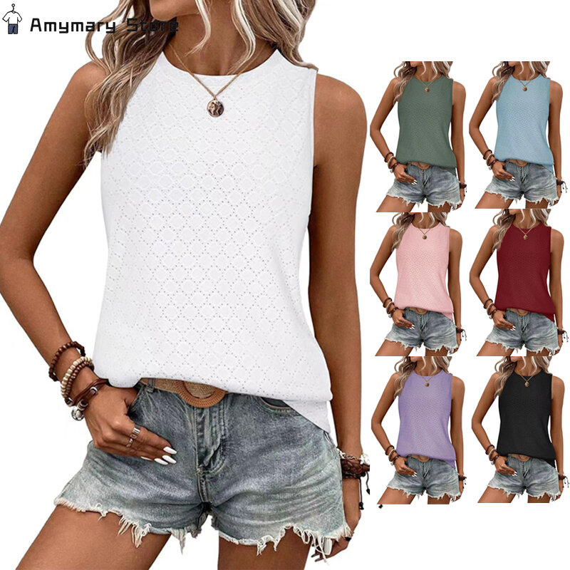 New Womens Round Neck Printed Vest T-Shirt Summer Solid Color Comfortable Loose Sleeveless Pullover Top Daily Commuter Tank Tops