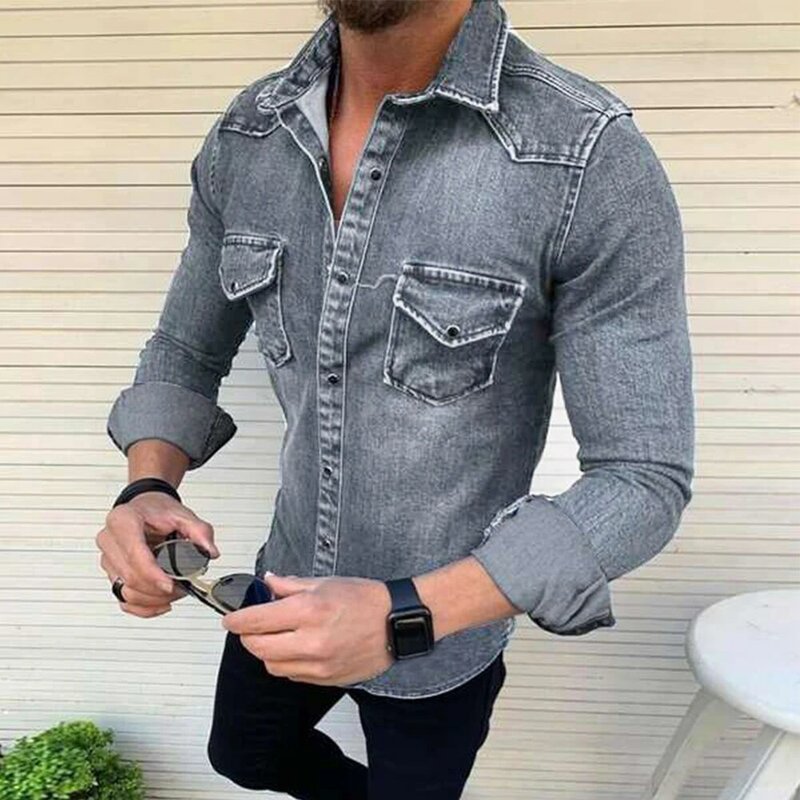 Рубашка мужская с длинным рукавом, Повседневная тонкая джинсовая, мягкая блуза с нагрудным карманом и застежкой на пуговицах