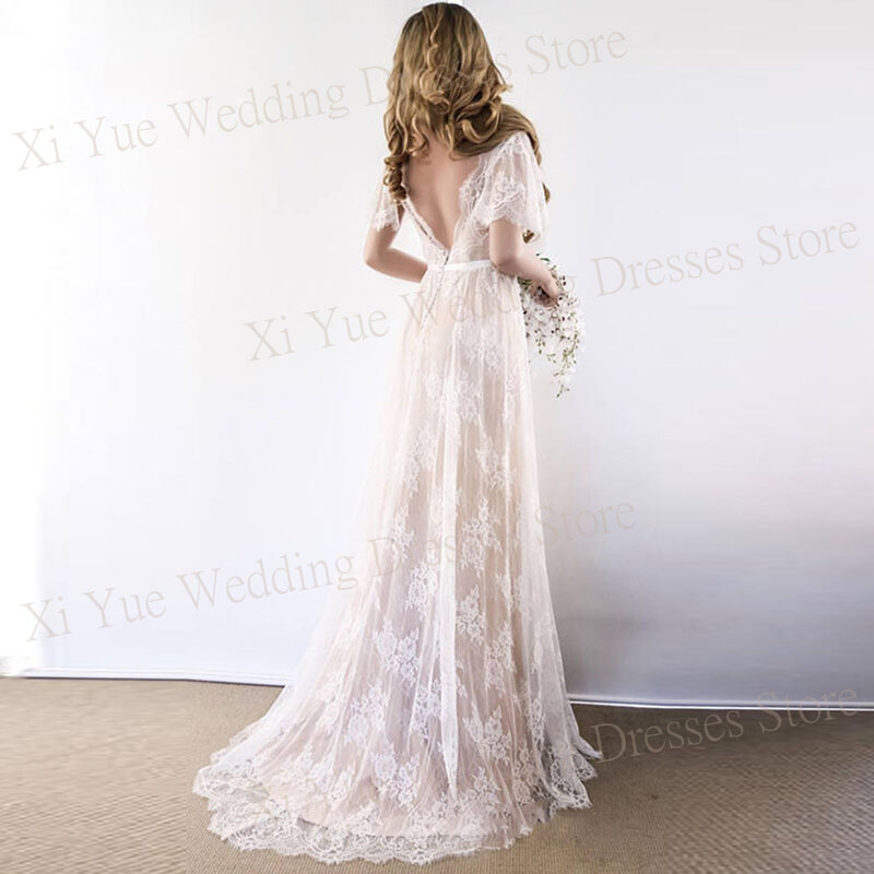 Элегантное изящное ТРАПЕЦИЕВИДНОЕ женское свадебное платье в стиле бохо кружевные платья невесты с аппликацией очаровательное пляжное платье с глубоким V-образным вырезом