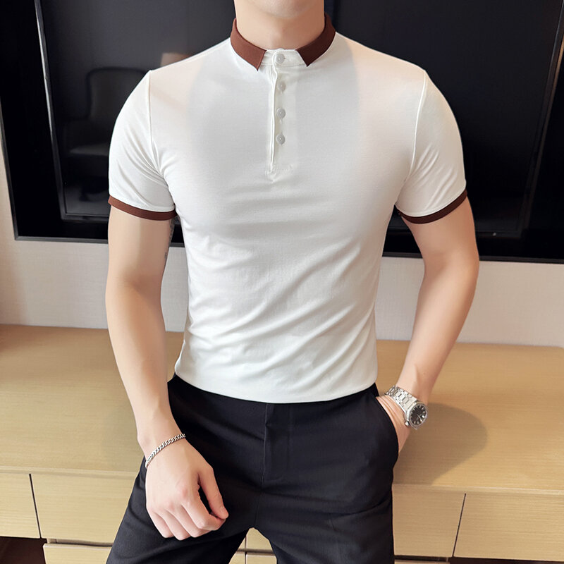 Мужская летняя рубашка-поло из ледяного шелка, модная рубашка-поло контрастных цветов с лацканами и короткими рукавами, Повседневная деловая рубашка-поло, топы, 2024