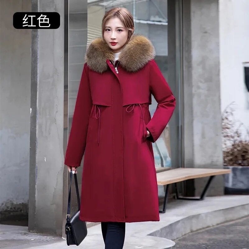 Mantel panjang wanita, jaket bulu panjang musim dingin 2023, mantel wol kerah bulu seperti rubah dapat dilepas, atasan parka tebal