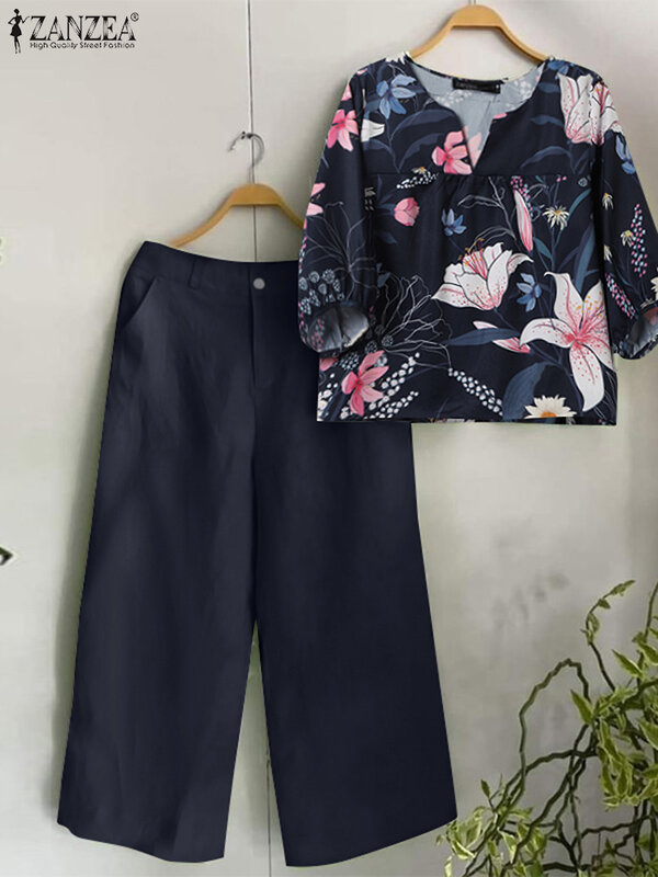 ZANZEA-Conjunto de pantalón y blusa Floral de manga corta para mujer, traje de 2 piezas, pantalón de pierna ancha, estampado informal, a juego, talla grande, verano, 2024