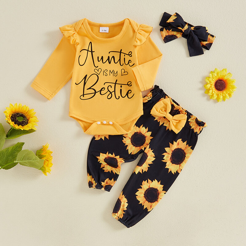 2024-05-27 Lioraitiin Baby Girls Outfit Letter Print Long Sleeves Romper and Elastic Sunflower Print Pants Headband Cute Clothes