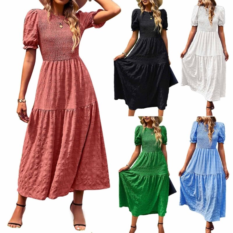 Womens Vintage Ruffle Puff Short Sleeve Pleated Textured Swing Midi Dress Smocked High Waist Tiered A-Line Long Dresses N7YD
