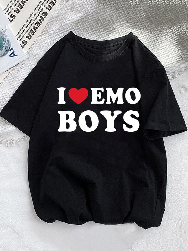 Eu amo Emo camiseta feminina de manga curta, streetwear Harajuku, blusa feminina casual, camiseta com o pescoço, moda estampa engraçada, 2023