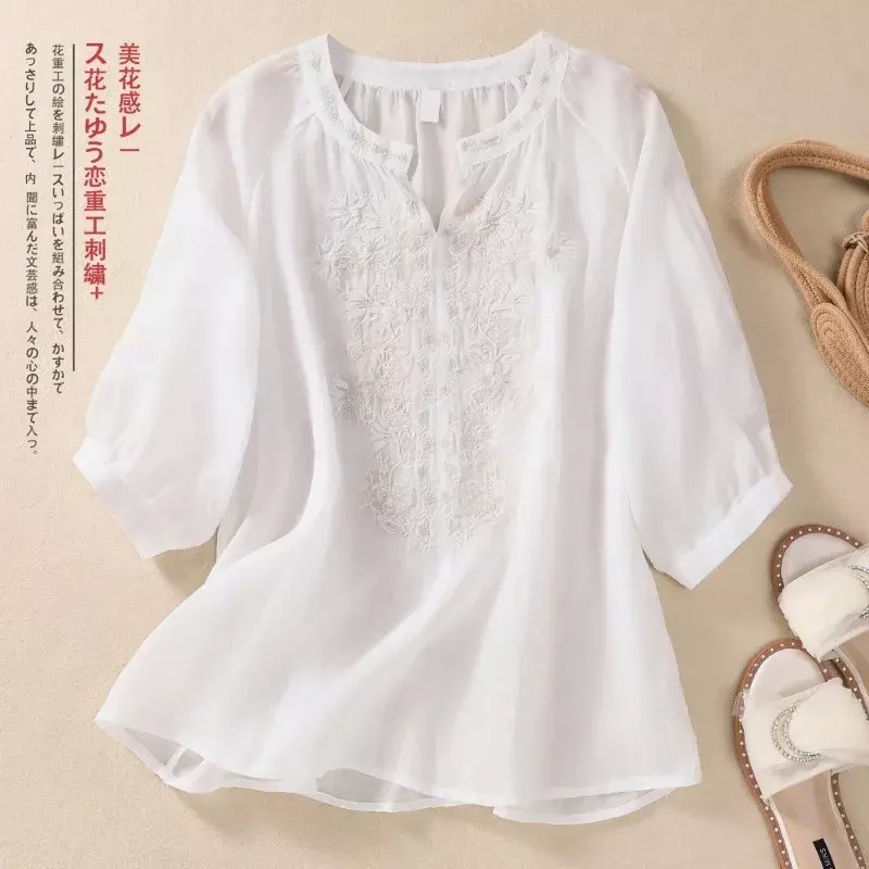 YCMYUNYAN-camisa de lino y algodón de estilo chino para mujer, blusa Vintage bordada, Tops holgados, ropa de cuello redondo