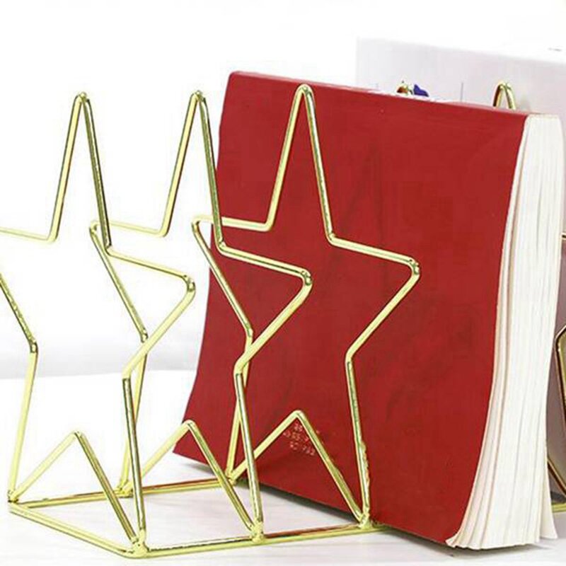 Pentagram Metal Bookend Creative Star Book Standing Document File Desktop Manager Bookshelf Stand Gold