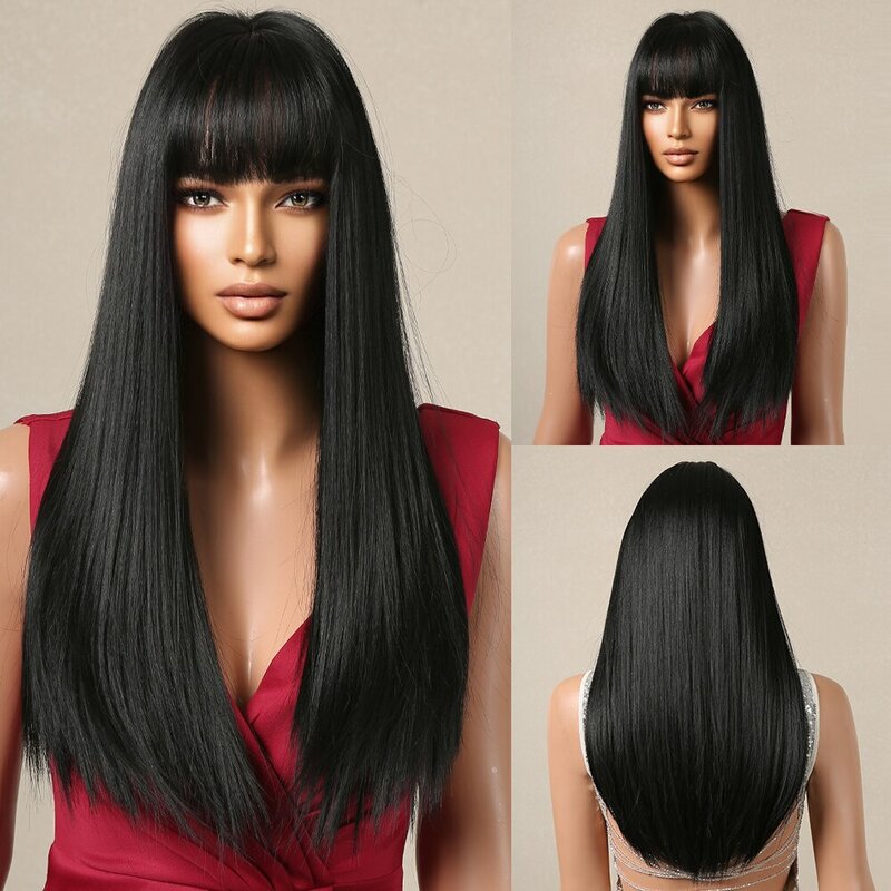 Pelucas de pelo negro liso largo para mujer, pelucas sintéticas de pelo natural para uso diario, resistente al calor