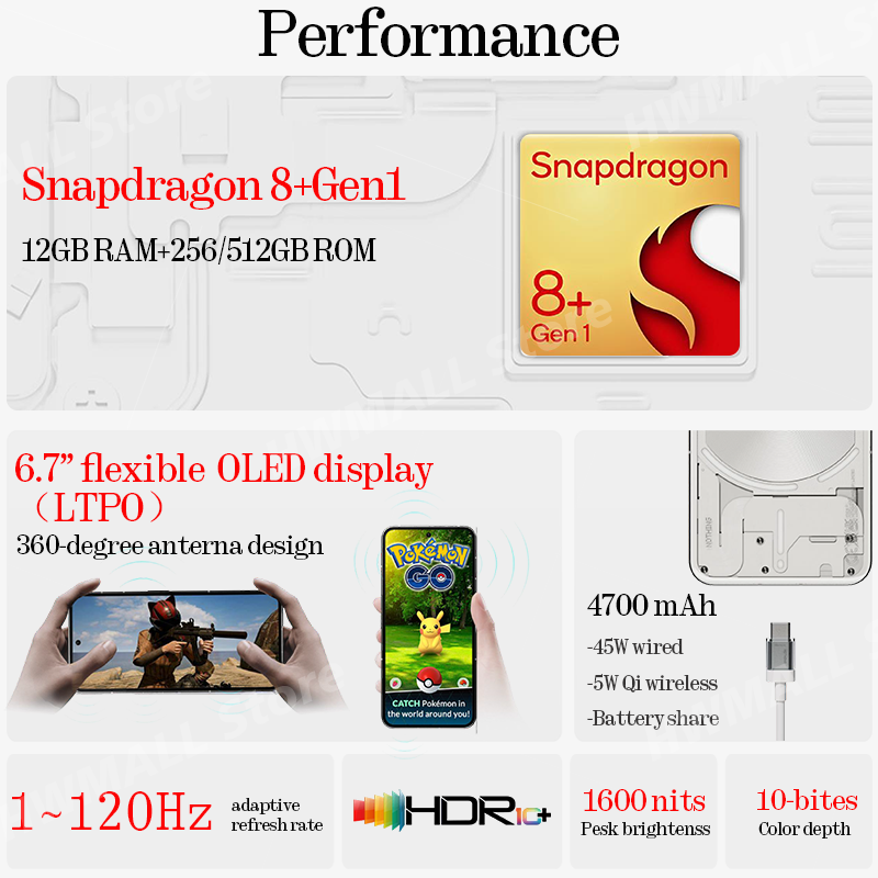 Nic nie telefon (2) 6.7 ”elastyczny LTPO OLED Snapdragon®8 + Gen 1 nic OS 2.0 50 MP podwójna kamera tylna kamera przednia 32 MP