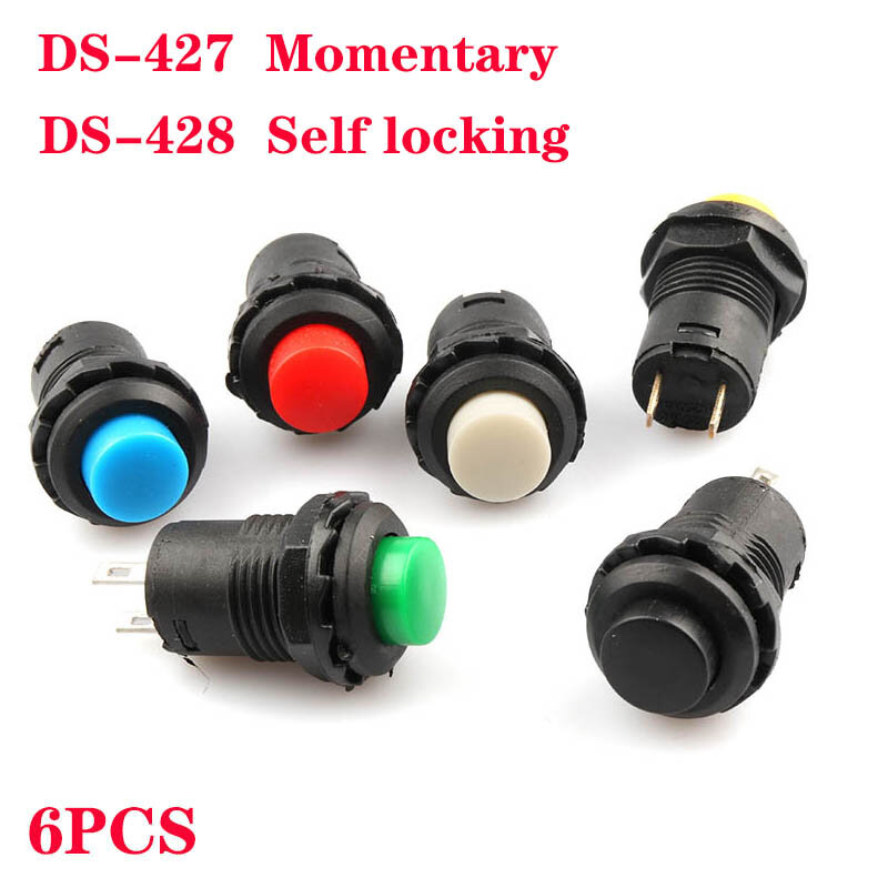 Auto-Lock e Interruptores de Botão Momentâneo, DS427, DS428, 12mm, OFF- ON, Interruptor de Botão, 3A, 125VAC, 1.5A, 250VAC, DS-427, 6Pcs