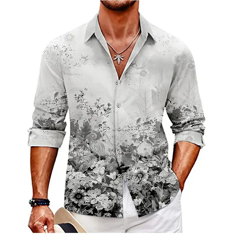 Camisa de lapela com padrão HD floral masculina, tops macios e confortáveis de tecido, tendência casual de alta qualidade, design designer, 2023