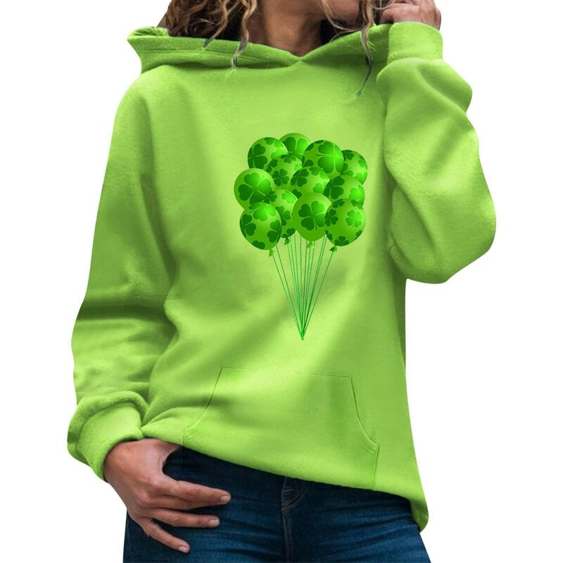 Women'S Fashion Daily Versatile Casual Hooded Sports Shirt St. Patrick'S Day Printed Long Sleeved Patchwork Top Sports Shirt