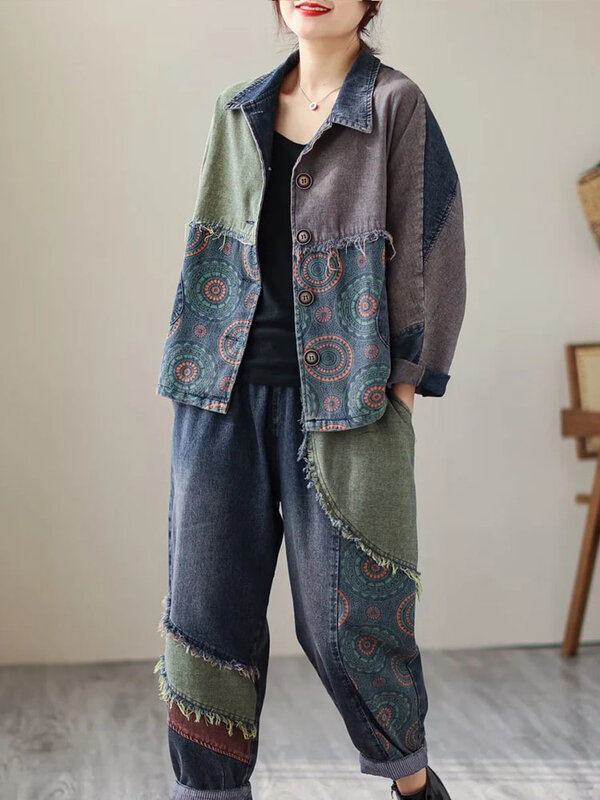 ماكس لولو الربيع الكورية ملابس نسائية موضة 2023 السيدات الدينيم قطعتين مجموعات Vintage فضفاض مطبوعة جاكيتات عادية الشرير جينز