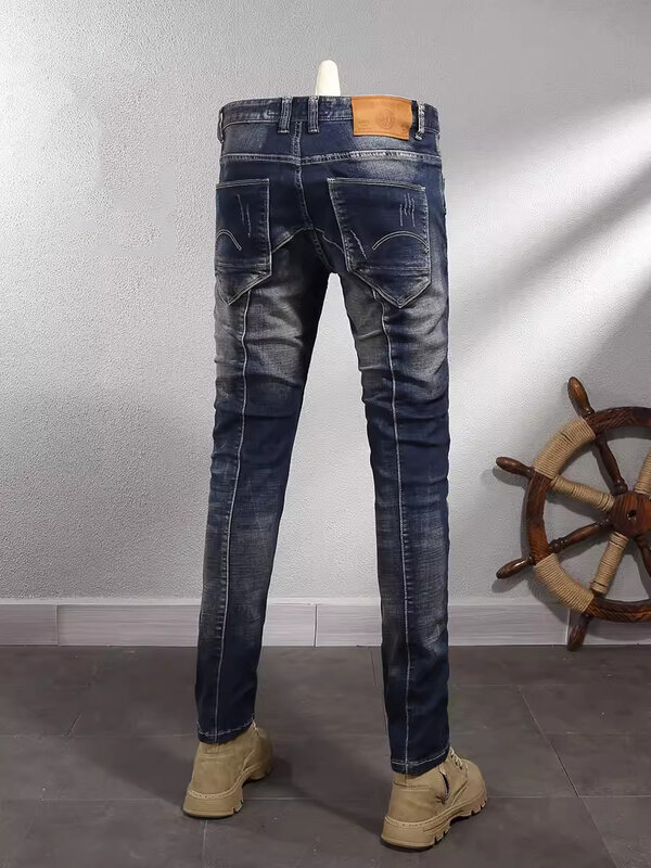 Jeans rasgado com ajuste fino elástico masculino, calça jeans vintage, calça estilista emendada, moda retrô, preta, azul, de alta qualidade