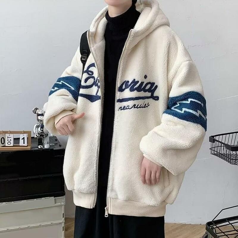 Men Coat Zipper Closure Men Coat Stylish Men's Winter Coat Warm Hooded Cardigan with Letter Print Thick Fabric Multiple for Cold