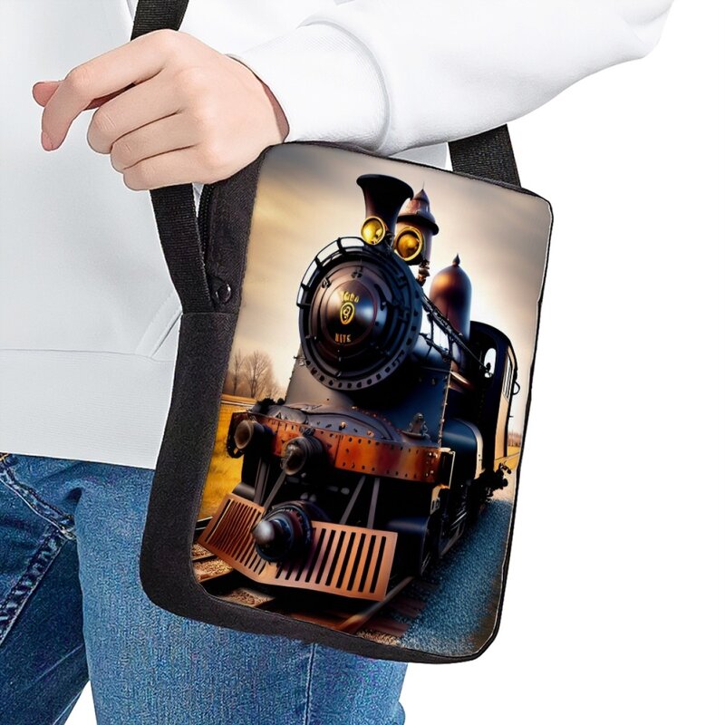 Bolsa mensageiro de ombro pequeno para crianças, estampa padrão de trem em movimento, prática, ajustável, tiracolo, bolsa escolar, nova moda