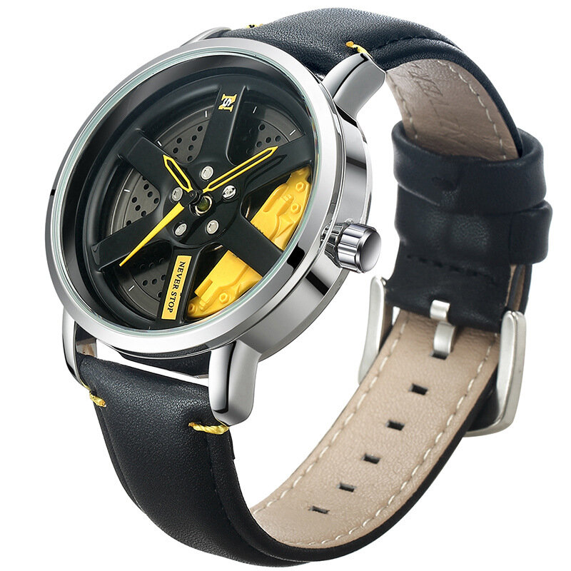 UTHAI L98 Brand Watch Men's Fashion Sports Personality Car Hub 360° Rotation Waterproof Leather Male's Quartz Clock Wristwatch