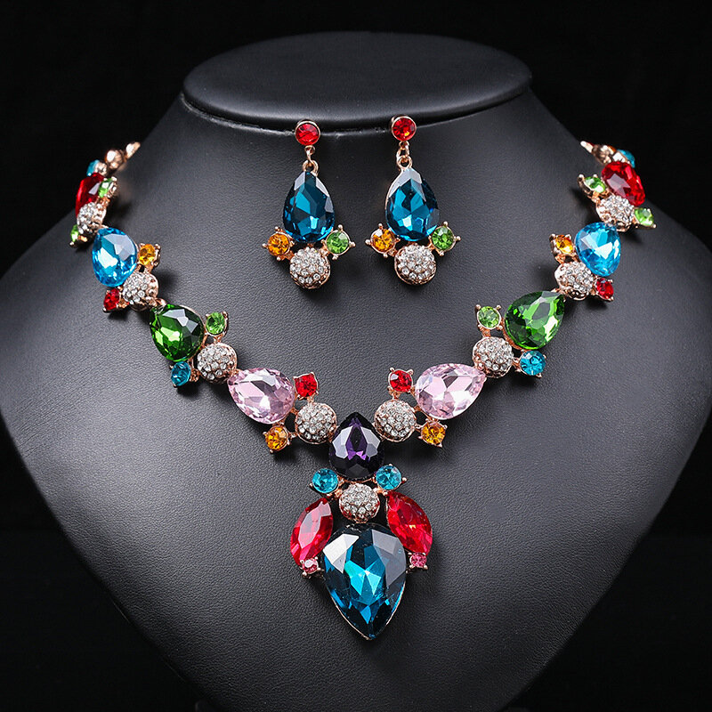 Gorgeous Colorful Crystal Rhinestone Lucky Necklace Earring Set Wedding Party Costume Jewellery NewStyle Trendy design Girl Gift