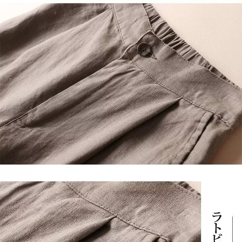 Pantalones de algodón y lino de nueve puntos para mujer, pantalones de pierna ancha de cintura alta