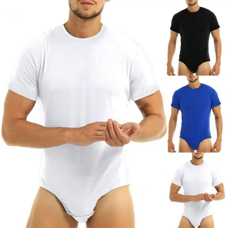 Terrific  Men Nighty Romper Solid Color Solid Color Men Bodysuit Pajamas Press Crotch Slim Men Adults Bodysuit for Bedroom