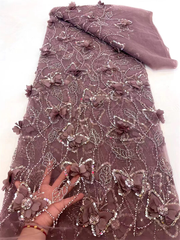 Hand gefertigter Perlen-Spitzens toff, weiße Stickerei, französische Spitze, Hochzeits kleid, bestickter Aqua-Tüll, 3D-Blumen, High-End