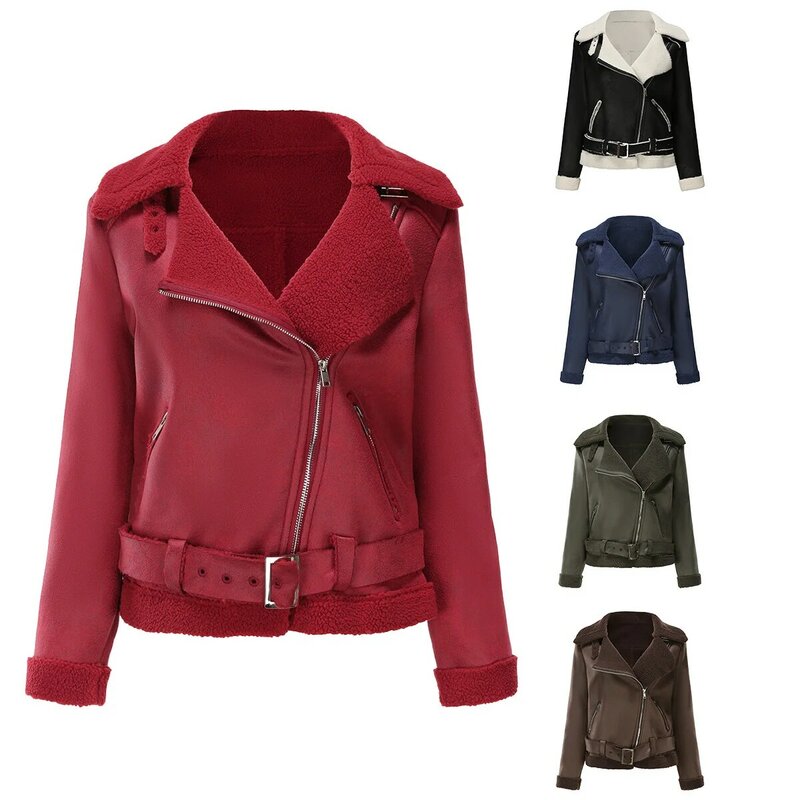 2024 여성용 모피 통합 따뜻한 스웨이드 재킷, 가죽 코트, 벨트 포함 라펠 코트, 가을 및 겨울