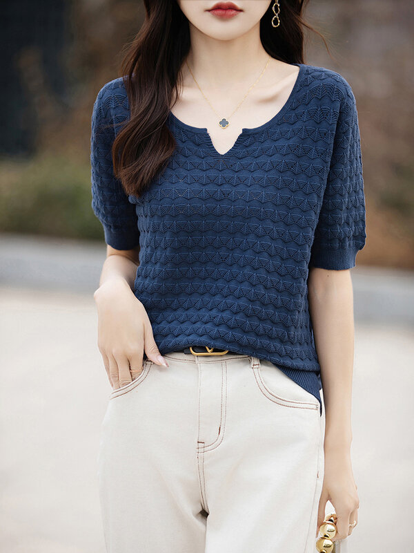 Cotton Front Hollow24SummerTT-shirtvCollar Women's Sleeve plus Size Base Pullover Short Sweater